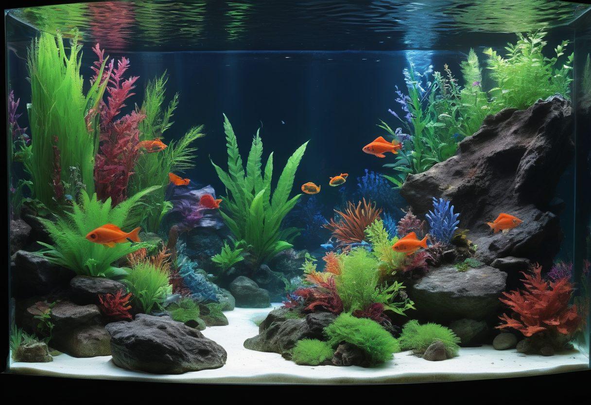 A beautifully designed aquarium scene showcasing a diverse selection of colorful fish swimming among vibrant aquatic plants and rocks. Include a knowledgeable aquarist, gently tending to the aquarium with tools in hand, surrounded by instructional materials and a water testing kit nearby. Soft lighting highlights the underwater details and creates an inviting atmosphere. The background features a subtle outline of marine creatures and aquatic life. super-realistic. vibrant colors. 3D.