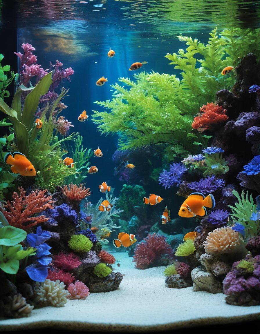 An inviting underwater scene featuring a vibrant reef aquarium filled with colorful fish, lush plants, and intricate decorations. Include a beginner-friendly aquarium setup with clear water and gentle bubbles. A novice enthusiast is depicted happily observing the tank, reflecting a sense of wonder and serenity. Soft blue lighting enhances the aquatic ambiance. vibrant colors. hyper-realistic. 3D.