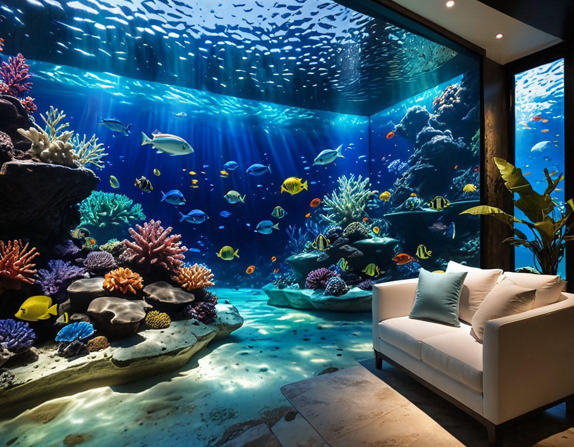An exquisite underwater scene showcasing a beautifully designed aquatic space with vibrant coral reefs, colorful tropical fish, and elegant aquatic plants. Include a cozy seating area with marine-themed decor and soft blue lighting, surrounded by clear water. Show a gentle play of light filtering from the surface, creating a calming atmosphere. The image should evoke a sense of tranquility and inspiration for aquatic design. super-realistic. vibrant colors. tranquil ambiance.